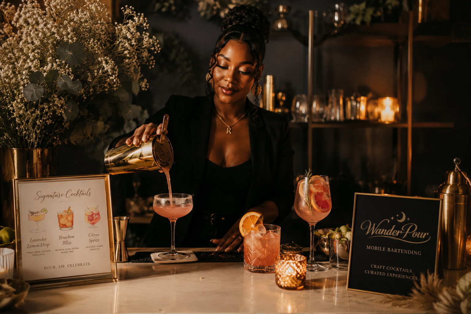 Styled luxury mobile bar with crystal decanters and brass details