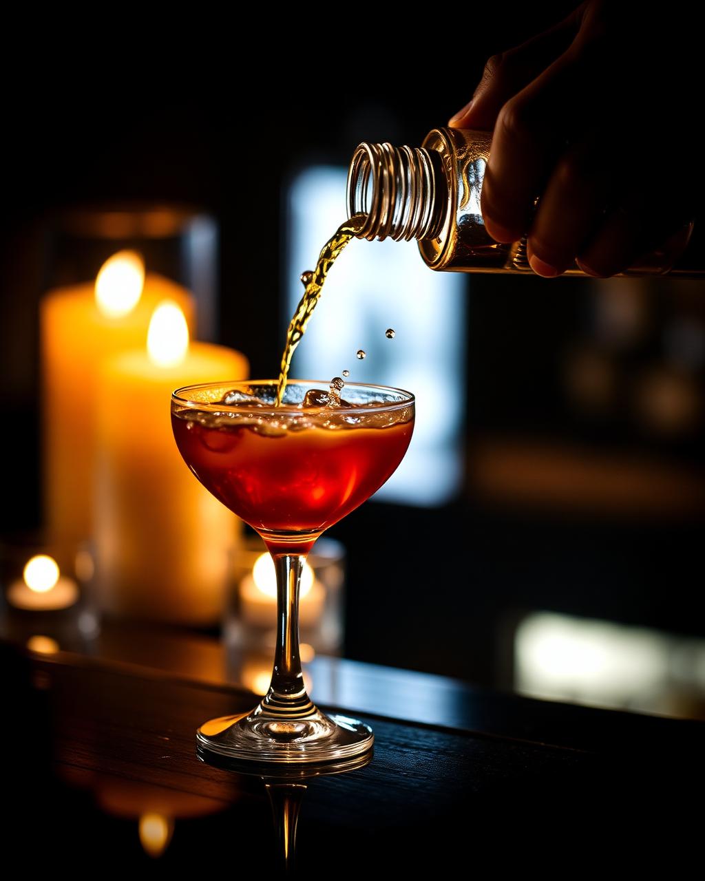 Bartender pouring amber cocktail