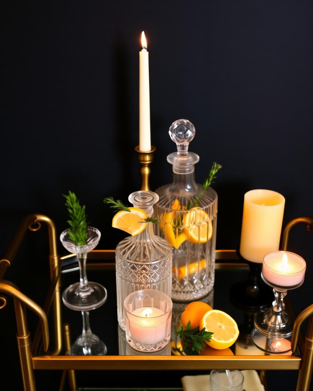 Styled bar cart with crystal decanters