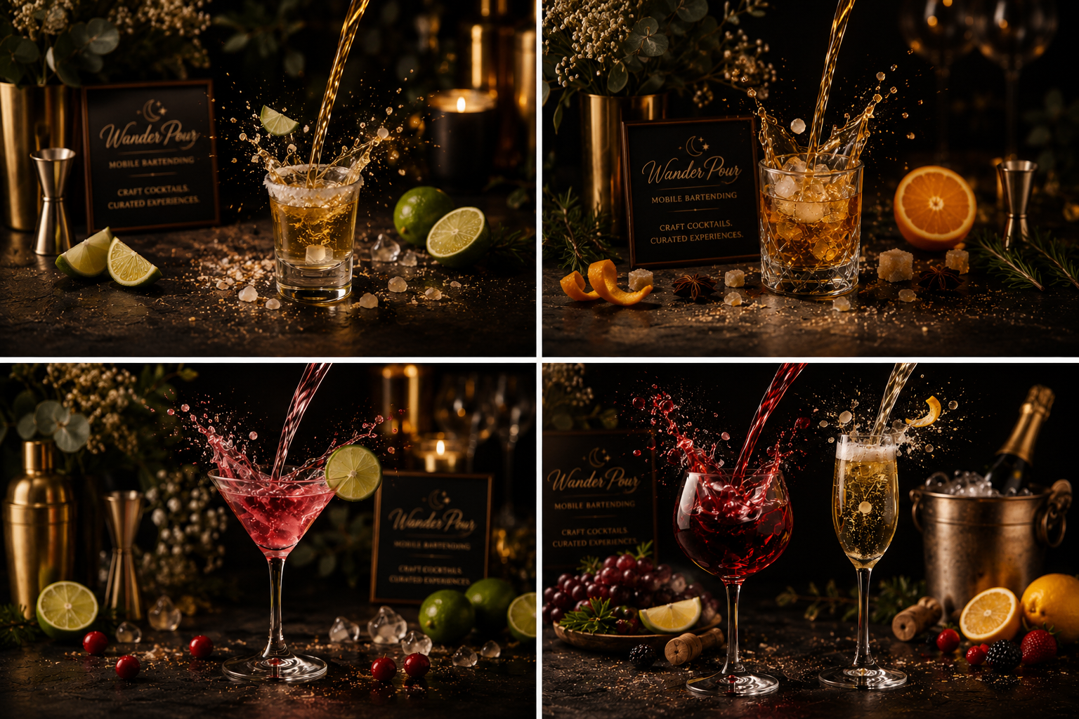 Signature pours — splash compositions on dark